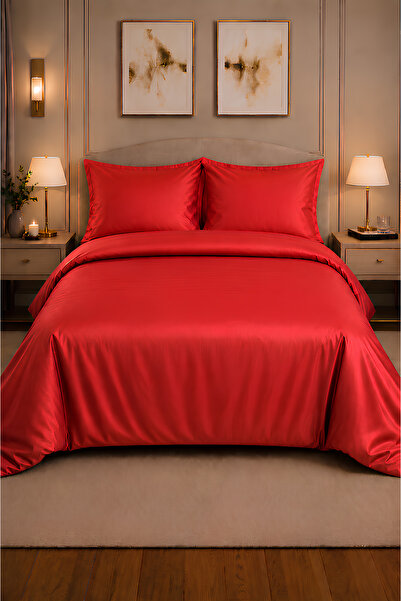 remtex 100% Cotton Red Satin Double Duvet Cover Set – Luxurious Shiny Texture