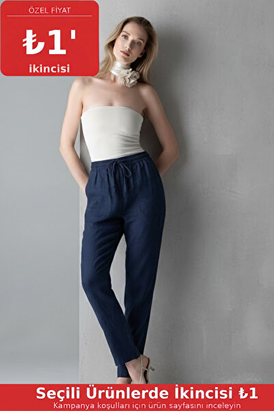 COMBİNE MİCHAİL Ženske elastične udobne tamnoplave lanene pantalone