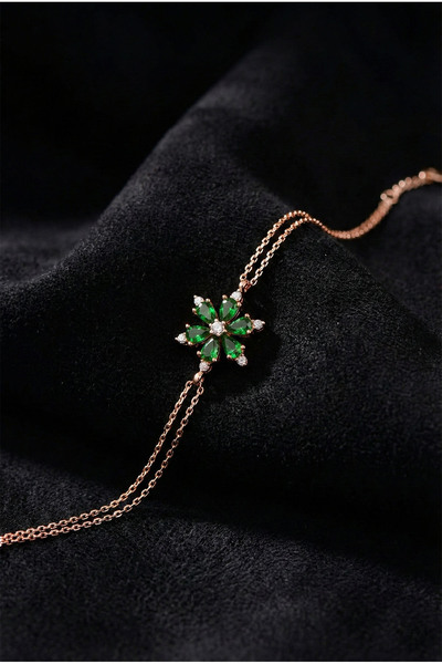 Roza Silver 925 Ayar Zümrüt Taşlı Rose Lotus Çiçeği Gümüş Bileklik