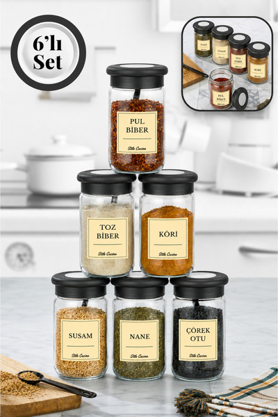 Stile Cucina 6' Lı Silikon Kapak Kaşıklı Ve Etiketli Baharatlık Seti 380 Ml E...