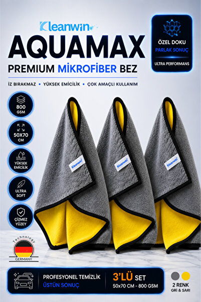 Kleanwin AquaMax 3’lü Mikrofiber Kurulama Havlusu | 50x70 cm | 800 GSM | Çift...