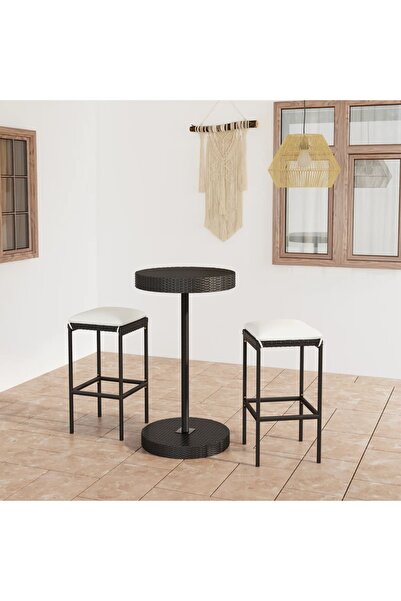 Concept Set mobilier bar de grădină cu perne, 3 piese, negru, poliratan