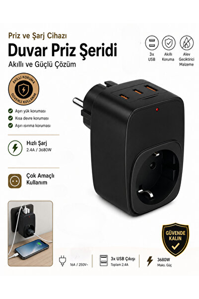DEANB 3680W 2.4A 2xTYPE-C 1xUSB 1xSoket Alman Akım Korumalı Saf Bakır Çoklu K...
