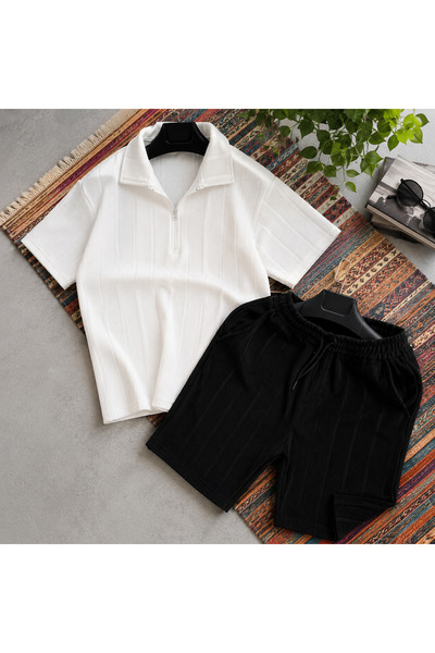 WENMİNG Men's Ottoman Fabric Zipper T-Shirt Shorts Summer Bottom Top Set