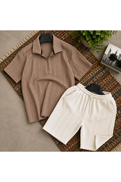 WENMİNG Men's Ottoman Fabric Zipper T-Shirt Shorts Summer Bottom Top Set