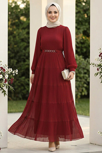 Neva Style Kat Piliseli Bordo Tesettür Elbise 44761BR