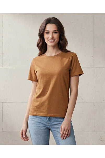 REDTAG Women's Beige Short Sleeve Crew Neck T-Shirt