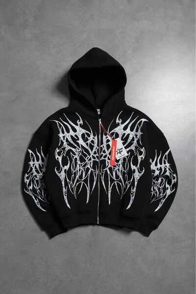 Crupt Studio Inferno Spikes White Boxy Crop Siyah Erkek Ceket Zip Hoodie