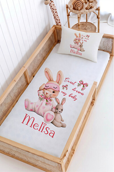 Lilabio %100 Pamuk İsme Özel Montessori Yatak Pike Seti 100x200 Uykucu Tavşan
