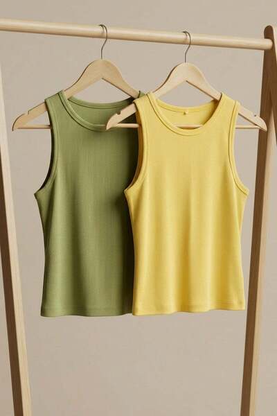 COTENCONCEPT 2 Pieces of Ribbed Fitted Viscose Blended Strappy T-Shirt