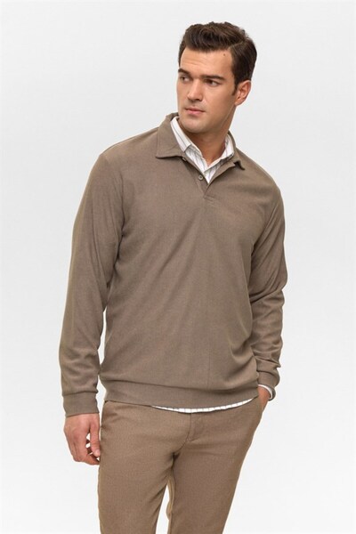 SÜVARİ Açık Kahve Regular Düz Fermuarlı Polo Yaka Sweatshirt