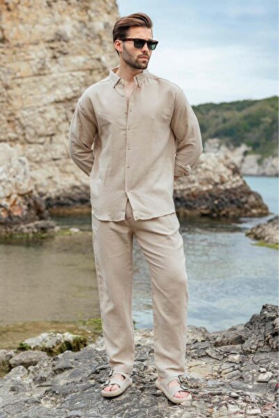 Madmext Bež košulja i pantalone, muški dvodelni set E7322