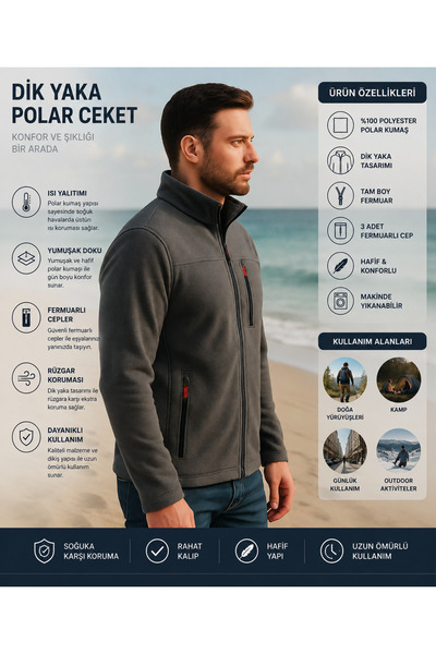 LUXIC CORE Erkek Koyu Gri Fermuarlı Polar Mont – Dik Yaka, Cepli, Günlük & Ou...