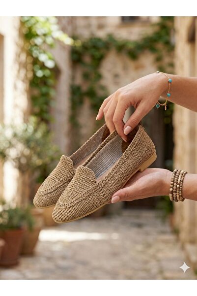Godystep Isla Bej Hasır Örgü Doku Düz Taban Slip-On Kadın Loafer Babet Ayakkabı