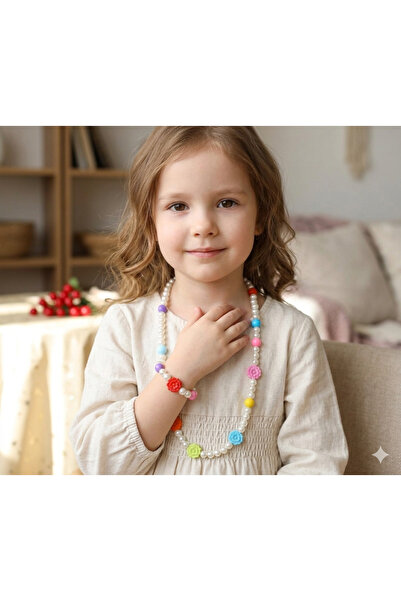 İPAR AKSESUAR Cream Pearl - Flower Figured Children's Necklace Bracelet Set.