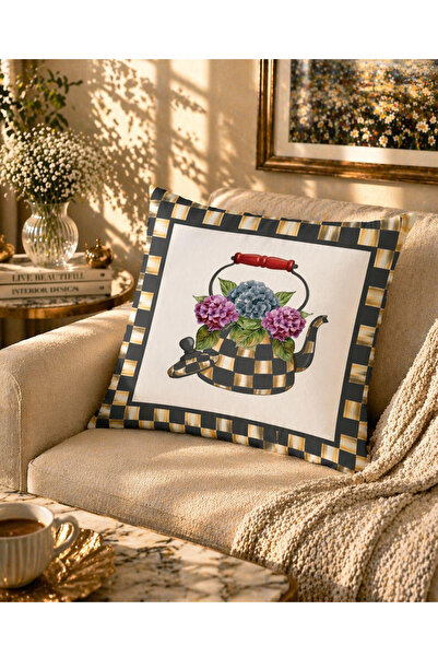 Karam Home Siyah Damalı Çiçekli Dekoratif Kırlent Kılıfı 43x43 cm
