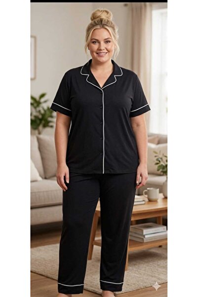 pijamacity Büyük Beden Kadın Siyah Kısa Kollu Pamuklu Düğmeli Biyeli Pijama T...