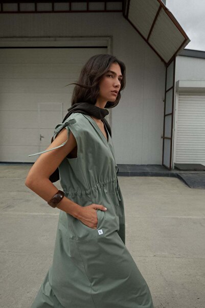 MARKALİSTE Drawstring Detailed V-Neck Dress Khaki