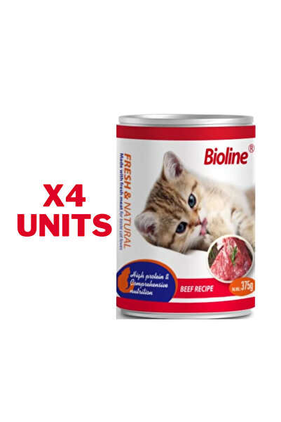 Bioline باكج من 4 علب، طعام قطط معلب بنكهة اللحم البقري 375 جرام