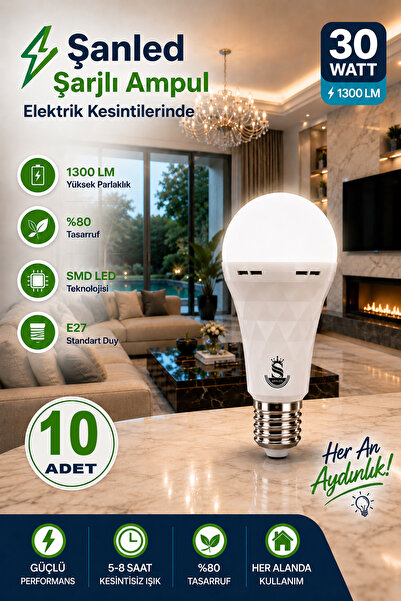 ŞANLED Şarjlı Akülü 30w Beyaz Işık Led Ampul-1-2-4-5-8-10 Adet