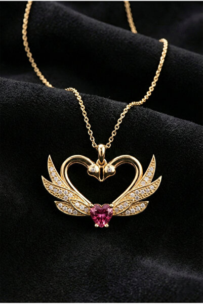 Roza Silver 925 Ayar Zirkon Taşlı Gold Birleşen Kuğular Kalp Motifli Gümüş Aş...
