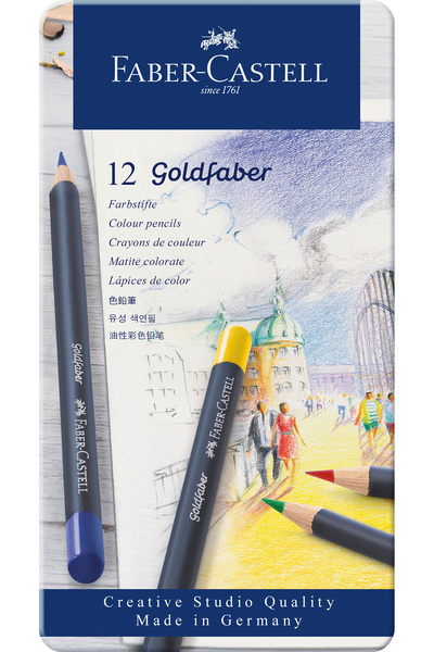 Faber Castell Creioane colorate 12 culori Goldfaber, cutie metalică Faber-Cas...