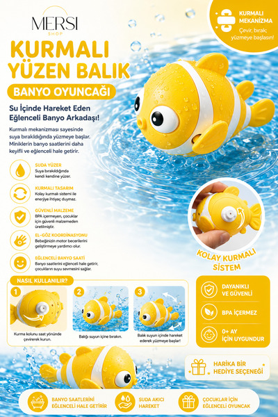 Mersi SHOP Kurmalı Yüzen Balık Banyo Oyuncağı | Su İçinde Hareket Eden Bebek ...