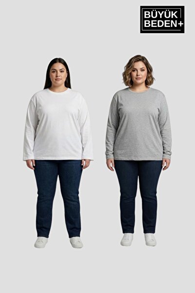 Süperlife Women's Plus Size 2-Piece Set Long Sleeve 2 Thread Crew Neck T-Shir...