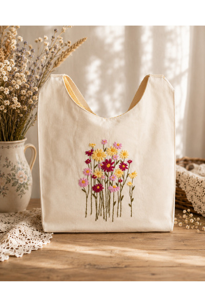 myyasminhome El Yapımı, KREM Kot , Nakışlı Çanta %100 Handmade