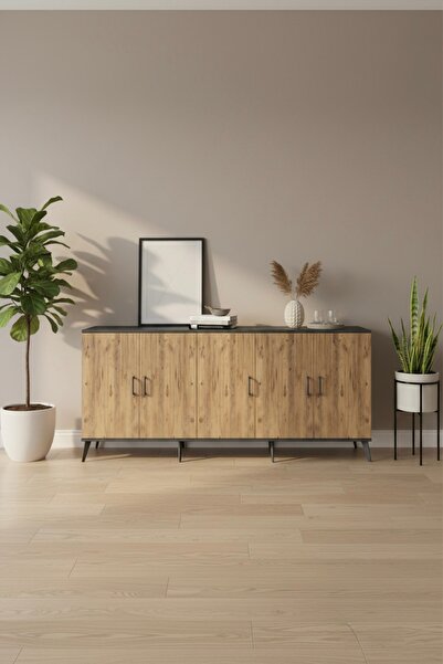 mobihobi Luna Konsol 3 Raflı 5 Kapaklı 220x44x99 Antrasit-Çam: Fonksiyonel Şı...