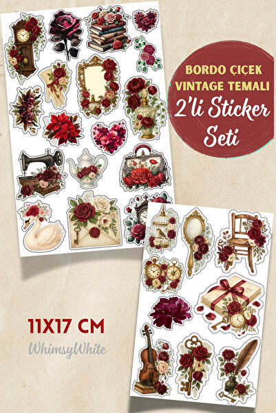 WhimsyWhite Bordo Çiçekler Vintage Sticker Seti (Parlak) - Bullet Journal, Çı...