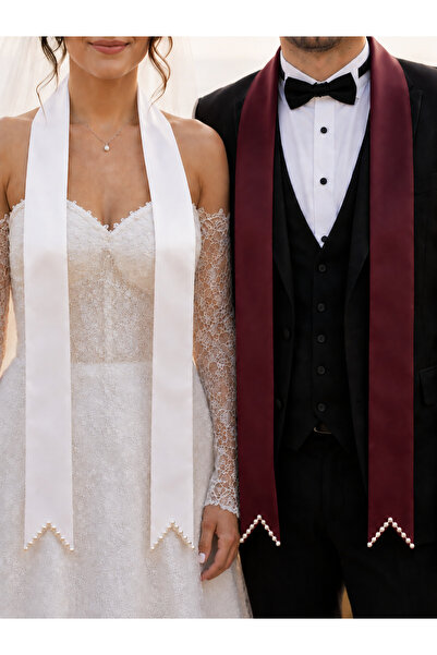 ecrin tuhafiye hobi Bordo Beyaz Incili Gelin Damat Takı Kurdelesi, Takı Kemeri