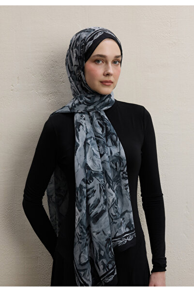Freshscarfs Margot Pattern Silk Crepe Shawl Black