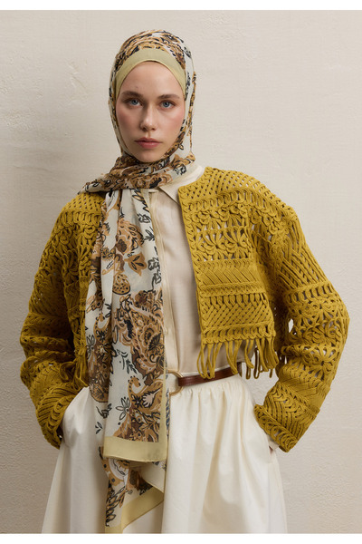 Freshscarfs Hardal Wıld Flora Desen İpek Krep Şal