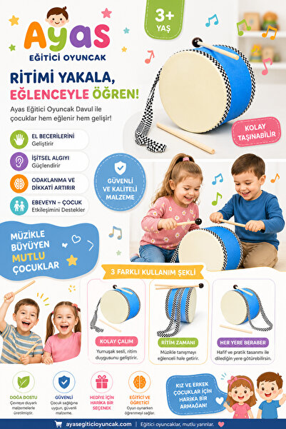 AyasEğiticiOyuncak Askılı Küçük Deri Davul - Patlamaz Ürün - Çocuk Ses Gelişi...
