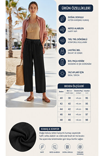 STYLENEST Kadın Bol Paça Keten Pantolon Yüksek Bel Lastikli Yazlık Rahat Pant...
