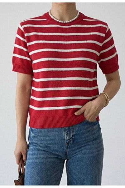EGEMS Women's Turquoise Short-Sleeved Striped Stylish Summer Sweater