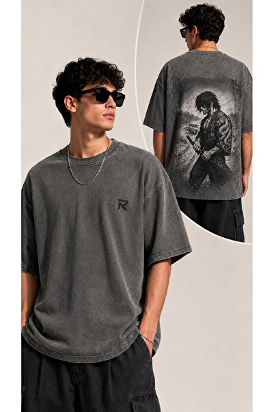 Raptyle Unisex Oversize Antrasit Yıkamalı Tshirt & Boyunluk Anahtarlık Premiu...