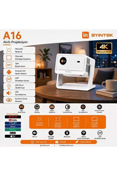BYINTEK Vevshao A16 380 ANSI Android Ev Sinema Sistemi Full HD Projeksiyon Ci...