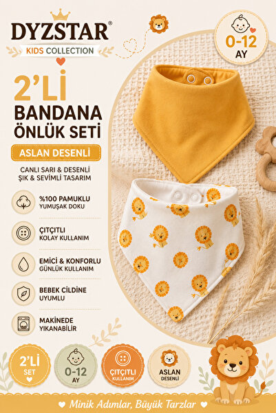 DYZSTAR Ayarlanabilir 2'li Bebek Bandana Mama Önlüğü Seti Hardal ve Aslan Des...