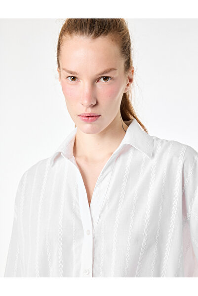 Koton Cotton Long Sleeve Embroidered Oversize Poplin Shirt with Embroidery De...