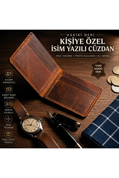 Deri Sepeti Kişiye Özel İsim Yazılı Hakiki Deri İnce Erkek Cüzdan