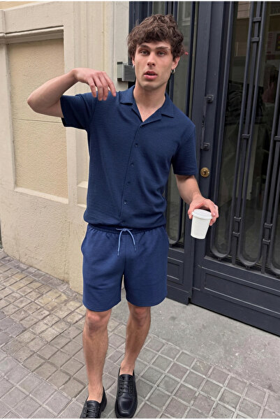 DAMGA JEANS Men's Linen Polo Collar Shirt Lace-Up Summer Shorts Navy Blue Two...