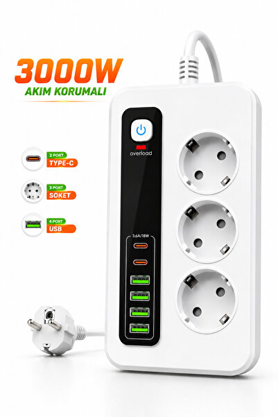 RAYLAX 3000W Akıllı 3'lü Priz USB' li Uzatma Kablo - 4 USB + 2 Type-C Hızlı Ş...