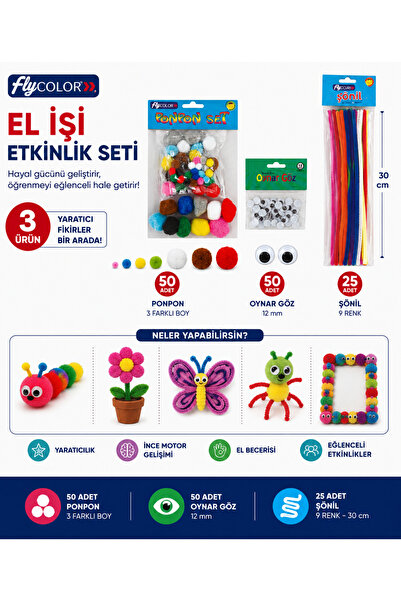 FLY COLOR Ponpon Set 50'li + Oynar Göz 12mm 50'li + Şönil 30 Cm 25'li El Işi ...