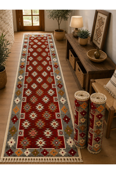 OEM Set 3 covoare tradiționale țesute, cu doau fete, 60x200 cm, rosu, model r...