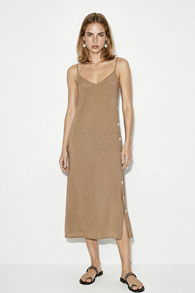 VENA Women's Strappy Button Detailed Midi Dress - Brown