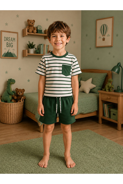 Fil Kids Costum de vară pentru băiat, 100% bumbac, alb, verde, cu dungi, buzu...