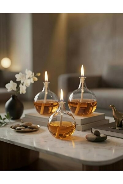 Shabbo Glass Ayaksız Drops Cam Kandil 3'lü Set Kandil Yağı Amber