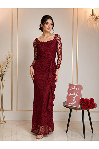 NAWAEIM Luxury Burgundy Lace Long Sleeve Evening Dress with Wrap Style and Li...